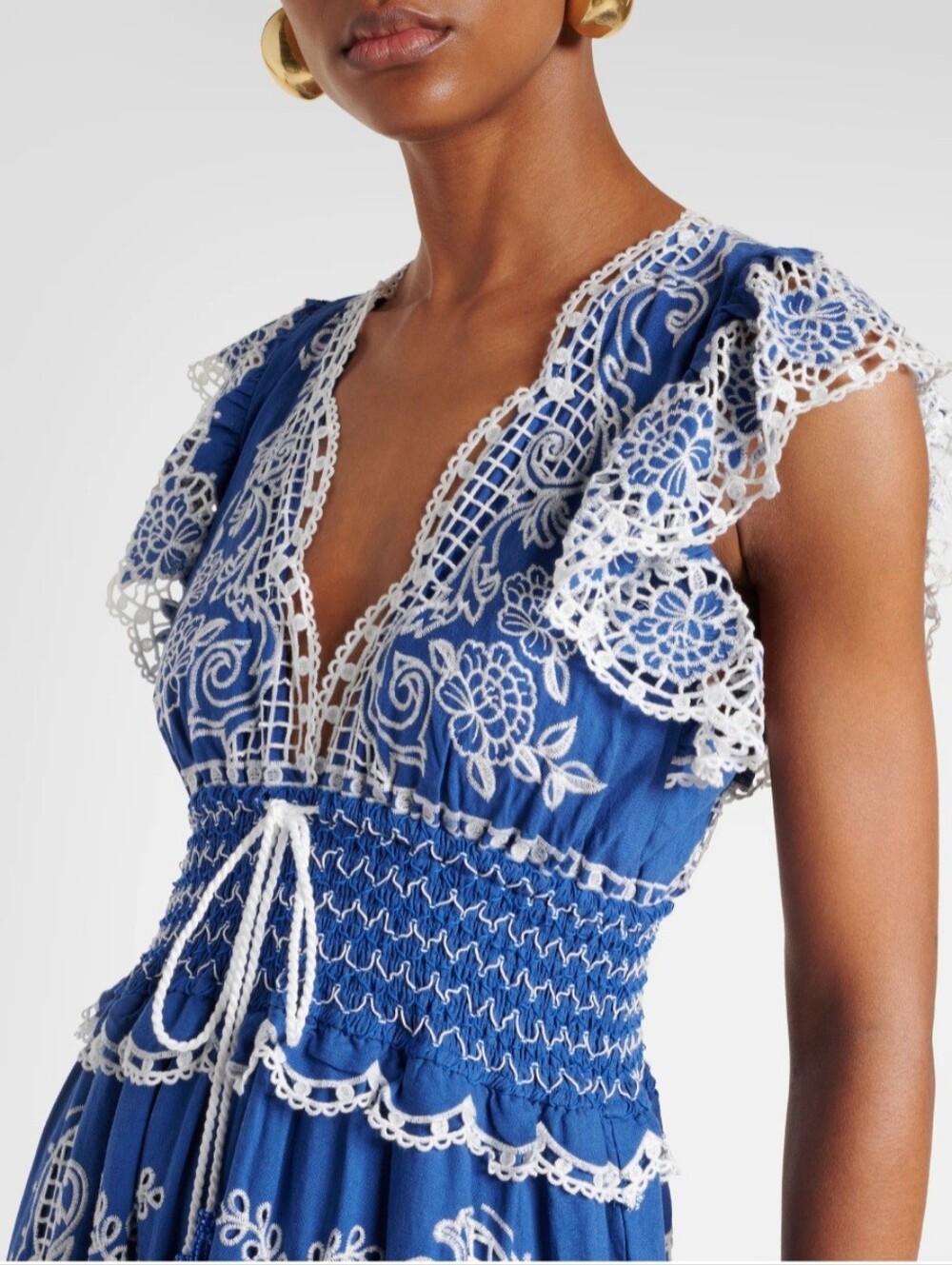 Farm Rio Boho Lace-Trim Maxi Dress Womans M Blue & White Eyelet - Picture 4 of 16